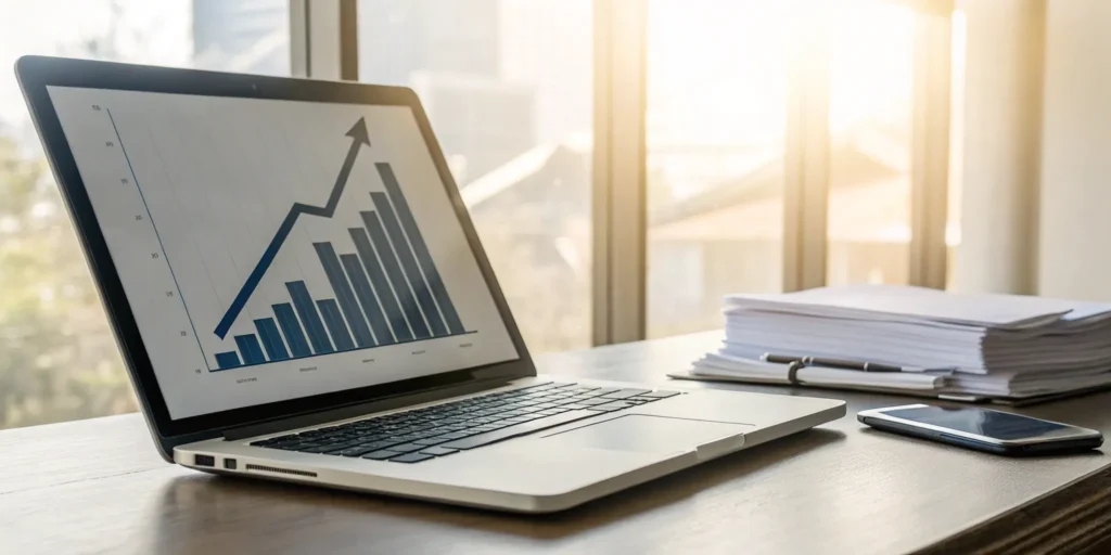 Easy merchant cash advance. Laptop, documents, and smartphone.