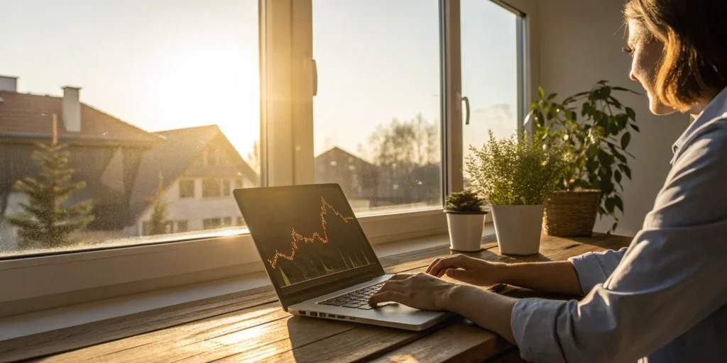 Consultor de credito reviewing finances on a laptop.