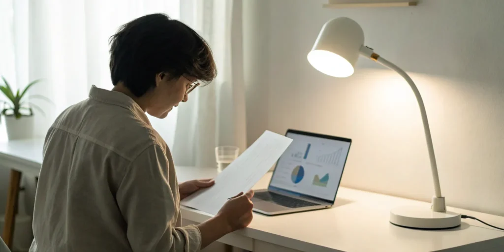 Reading credit report on laptop.