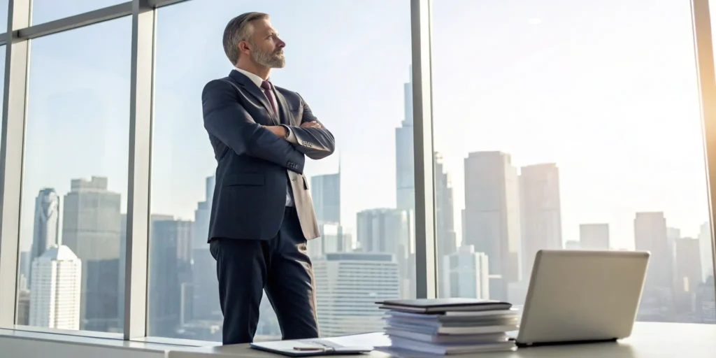 Veteran reviewing business loan paperwork.
