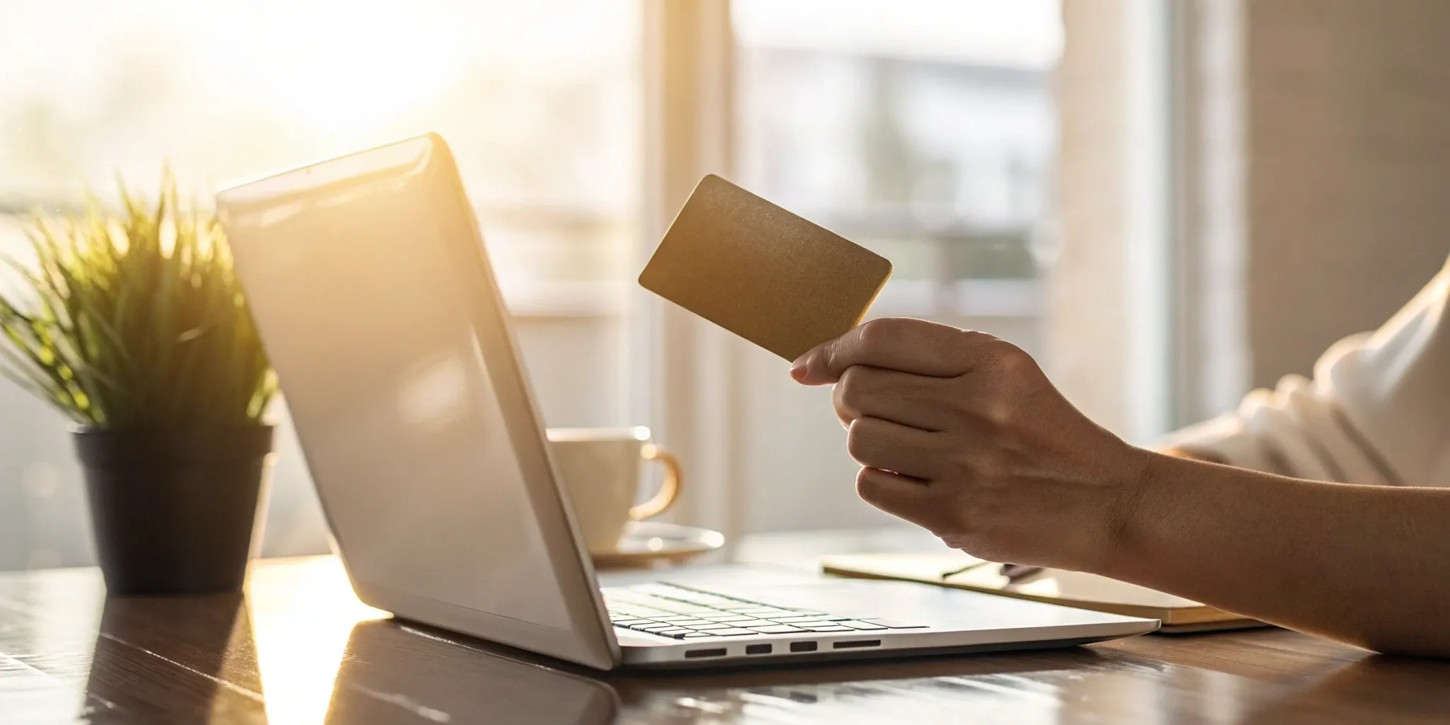 Secured credit card in hand, with laptop open.