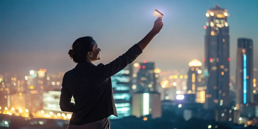 Woman holding credit card.