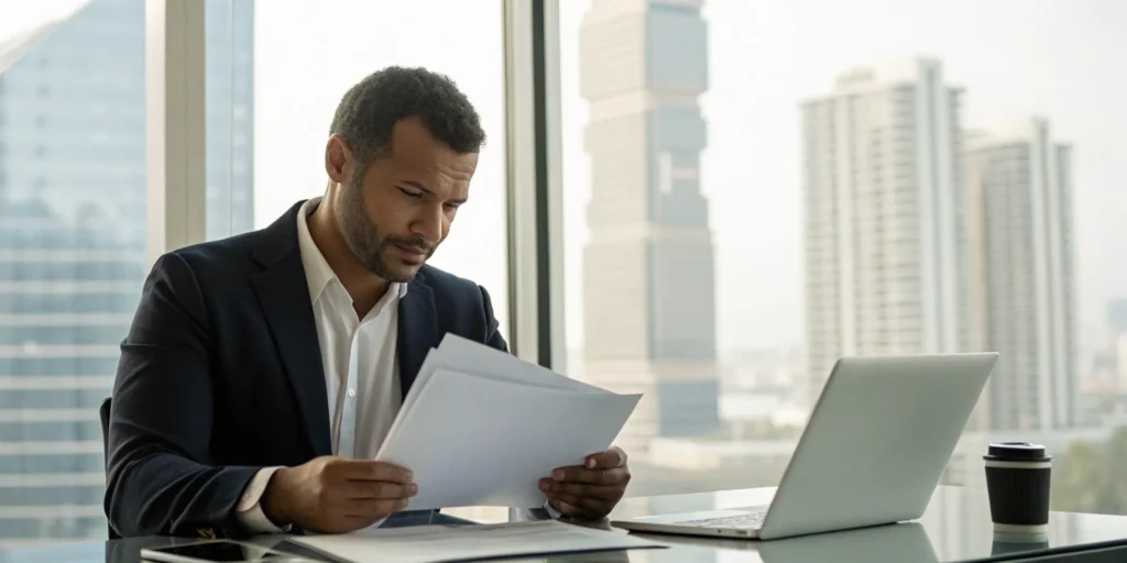Separate business and personal credit. Business owner reviews finances at a desk with laptop and coffee.