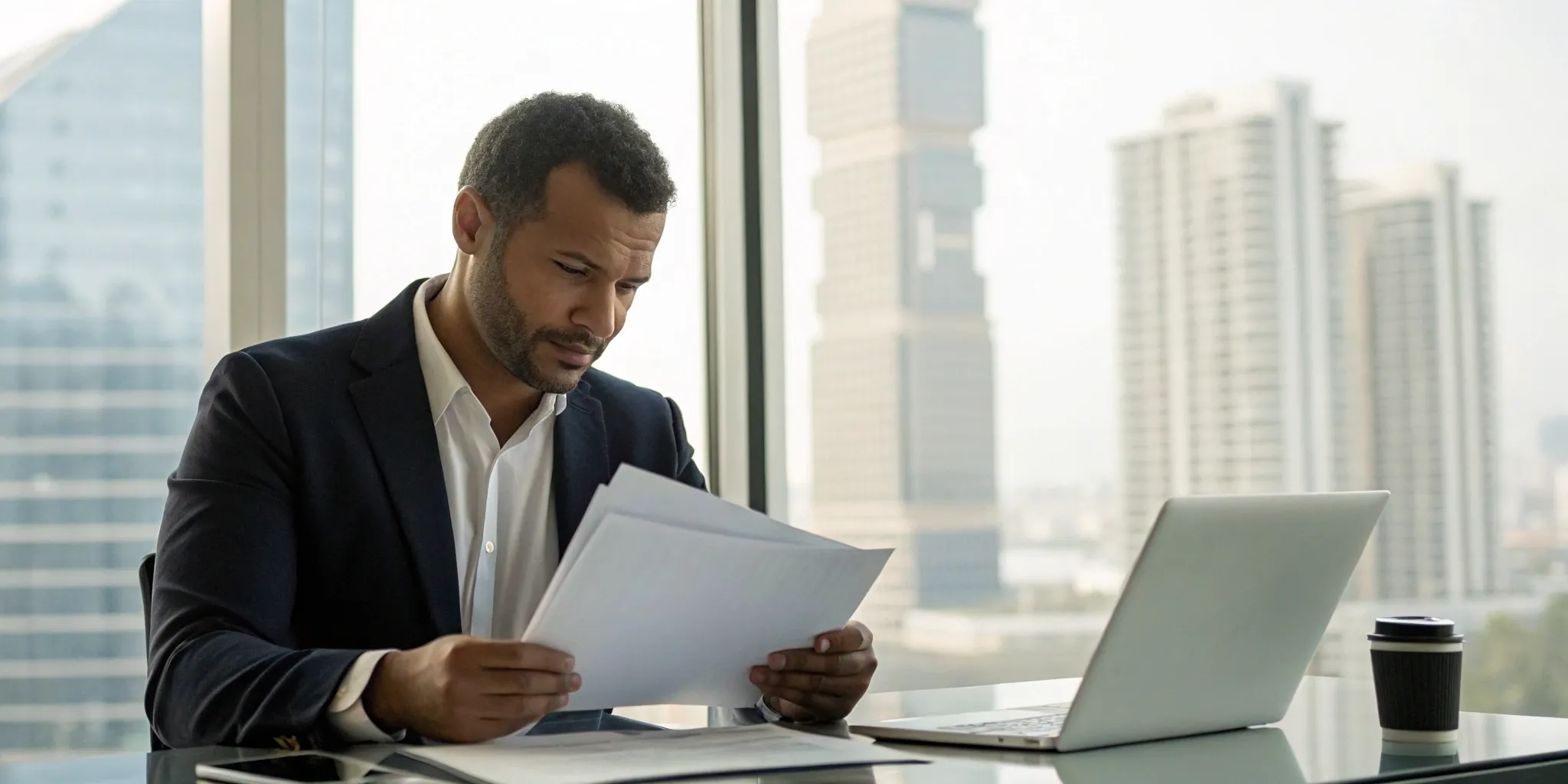 Separate business and personal credit. Business owner reviews finances at a desk with laptop and coffee.