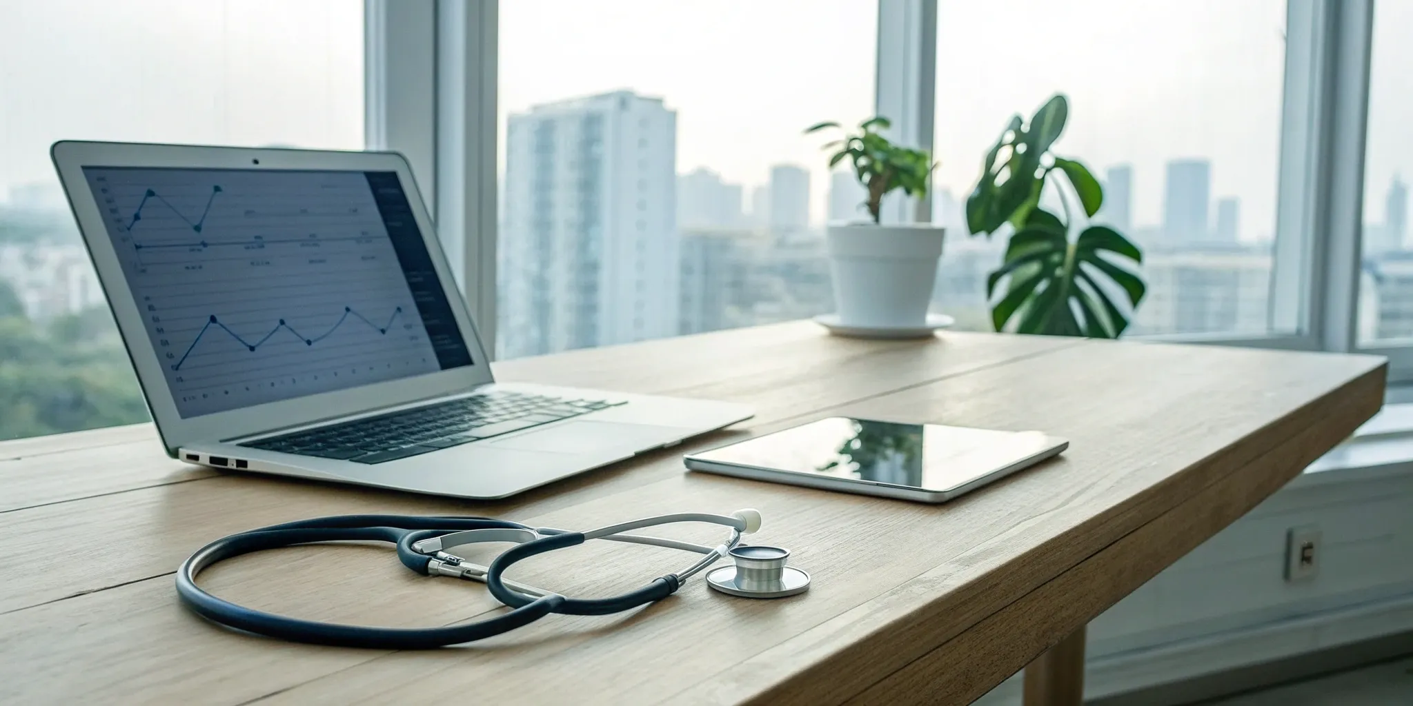 Healthcare business tools: stethoscope, laptop, tablet.