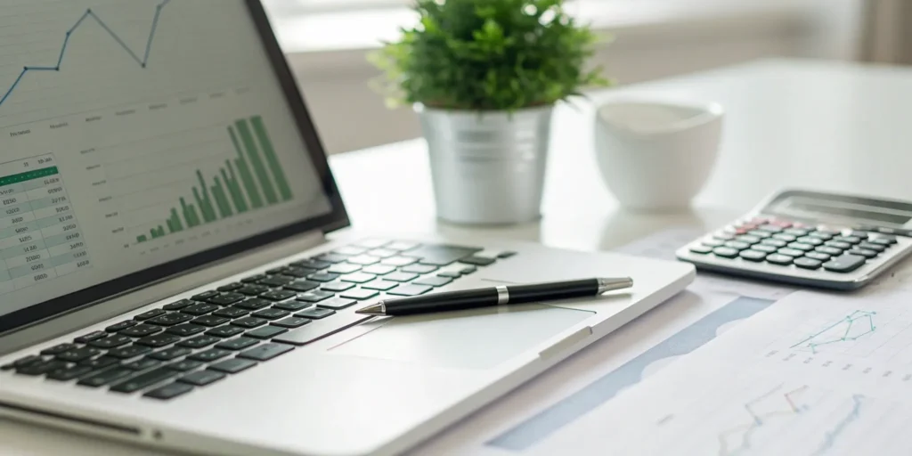 Laptop showing financial charts next to a calculator for equipment financing analysis.