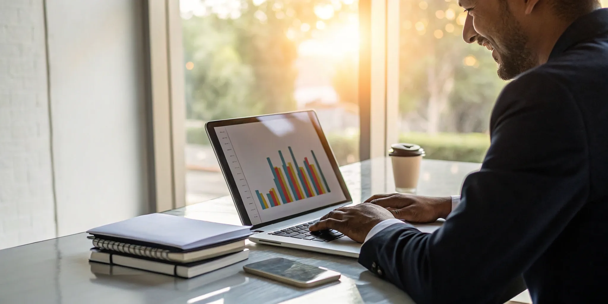Man checking his free credit score on a laptop with a financial bar graph.