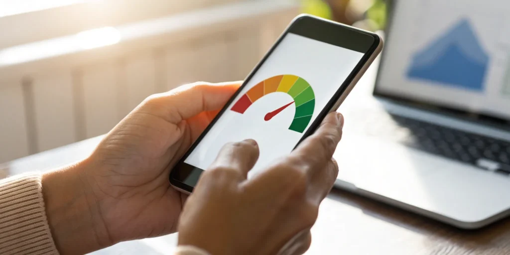 A person checking their credit score on a smartphone with a colorful gauge.