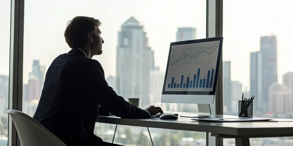 Business professional at a desk using a computer to get a DUNS number for their company.
