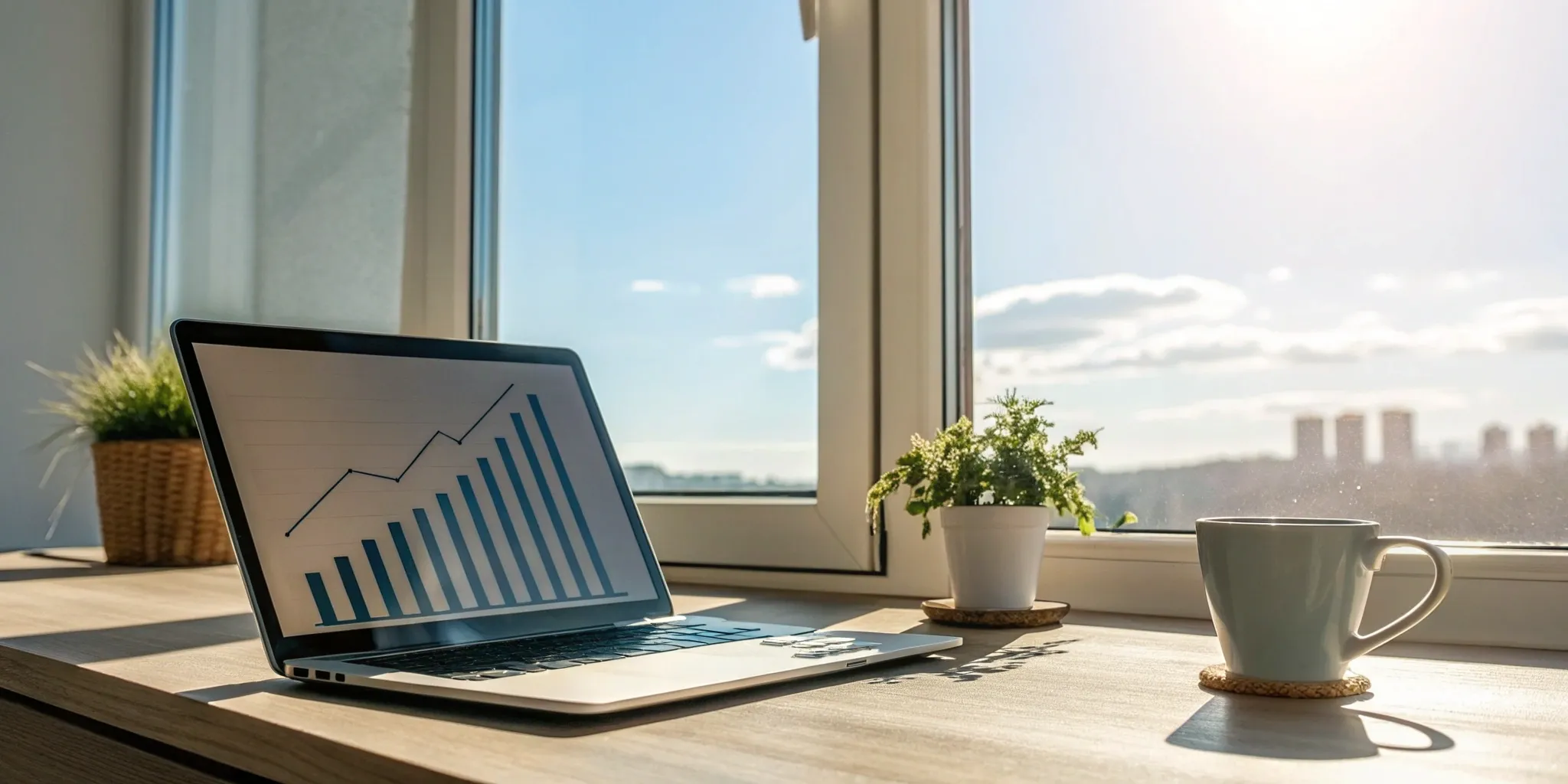Laptop on a desk showing a rising credit score graph to improve credit for a mortgage.