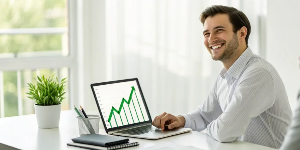 Man with laptop viewing rising graph. Improved credit score.