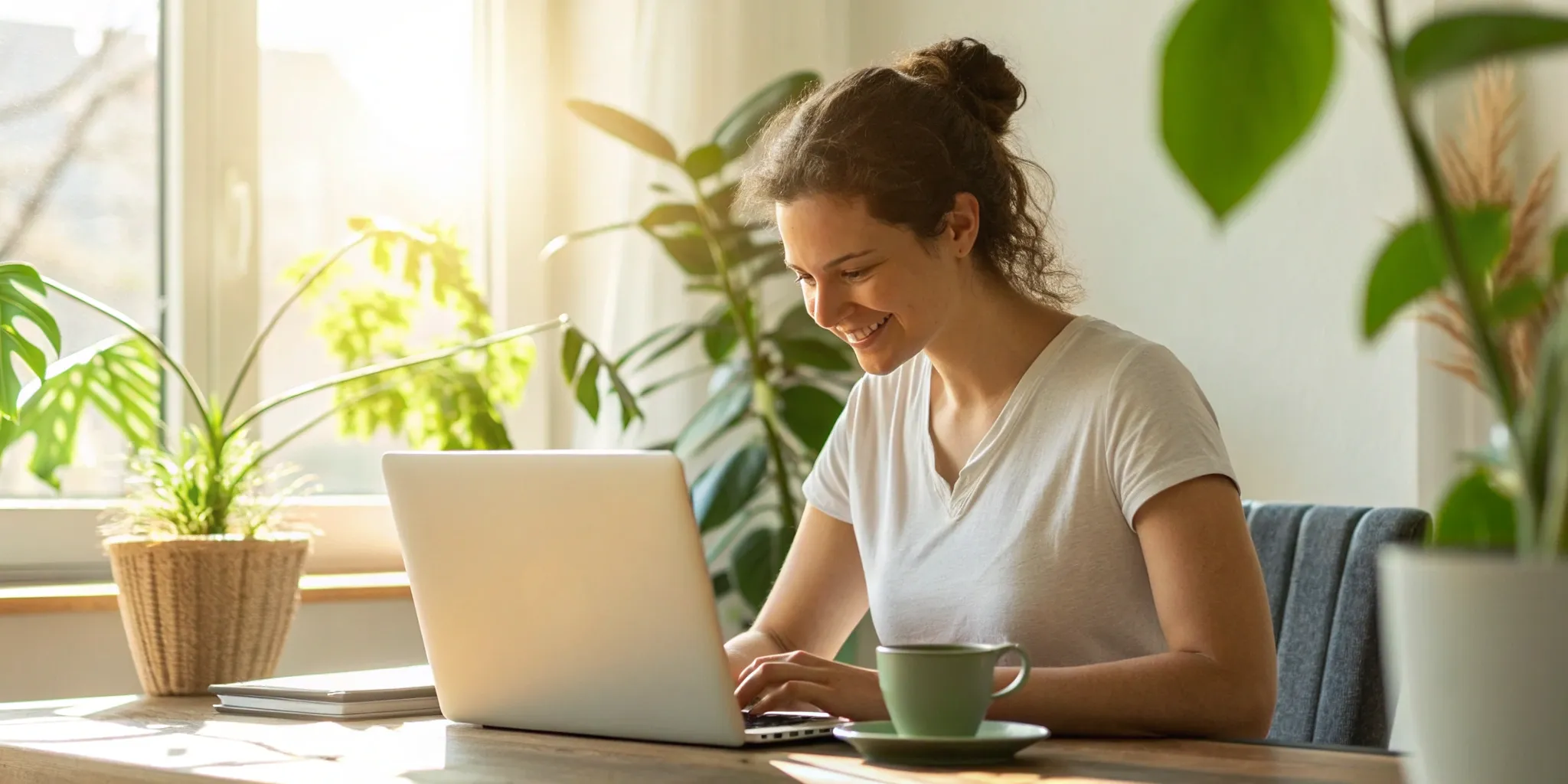 Smiling woman using her laptop to repair my credit now.