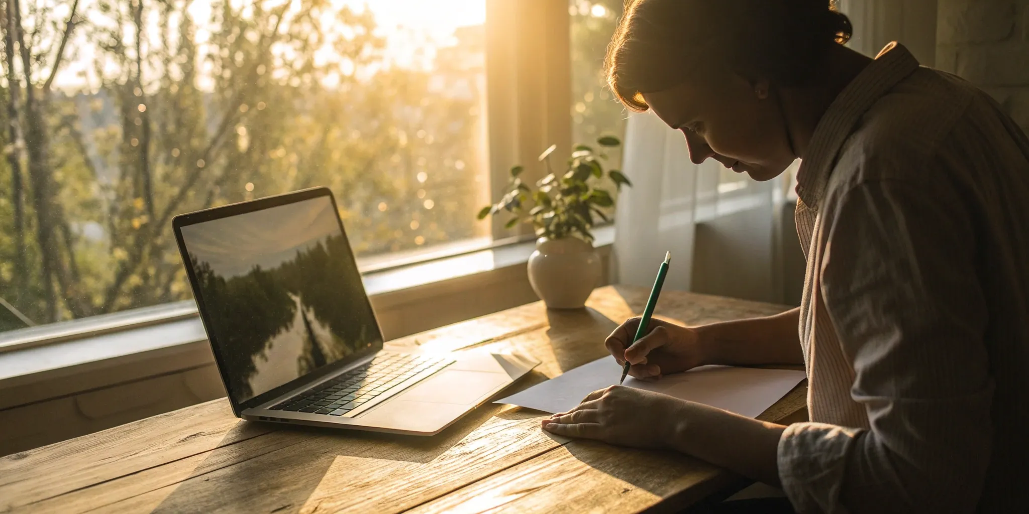 Person writing a goodwill letter at a desk with a laptop to fix their credit.