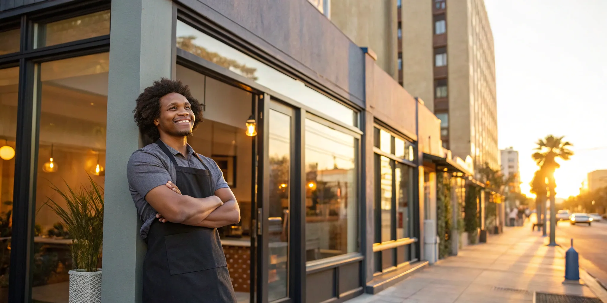Confident minority business owner by storefront.