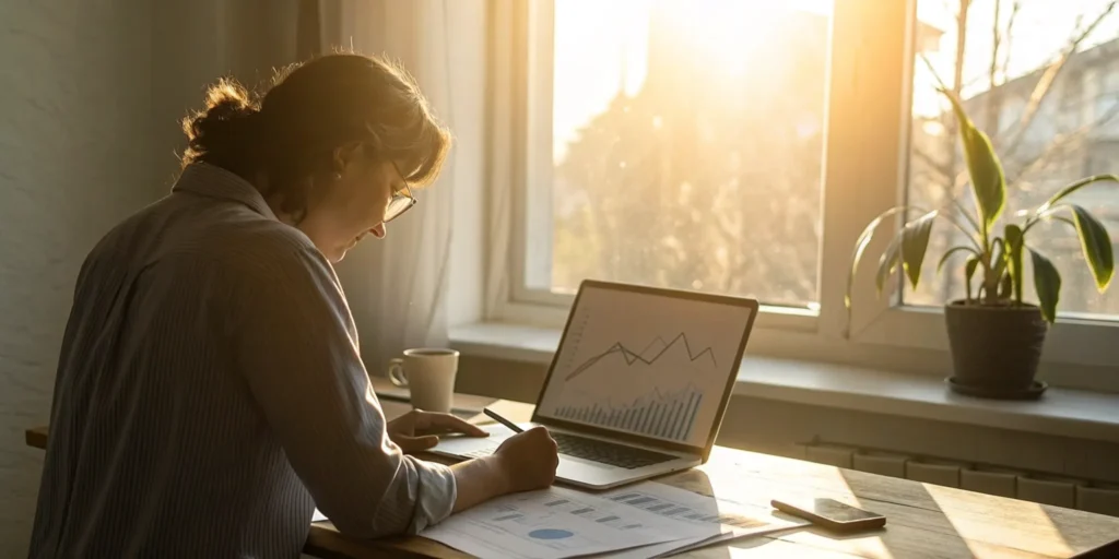 Woman at her desk with a laptop, planning her DIY credit repair with documents and charts.