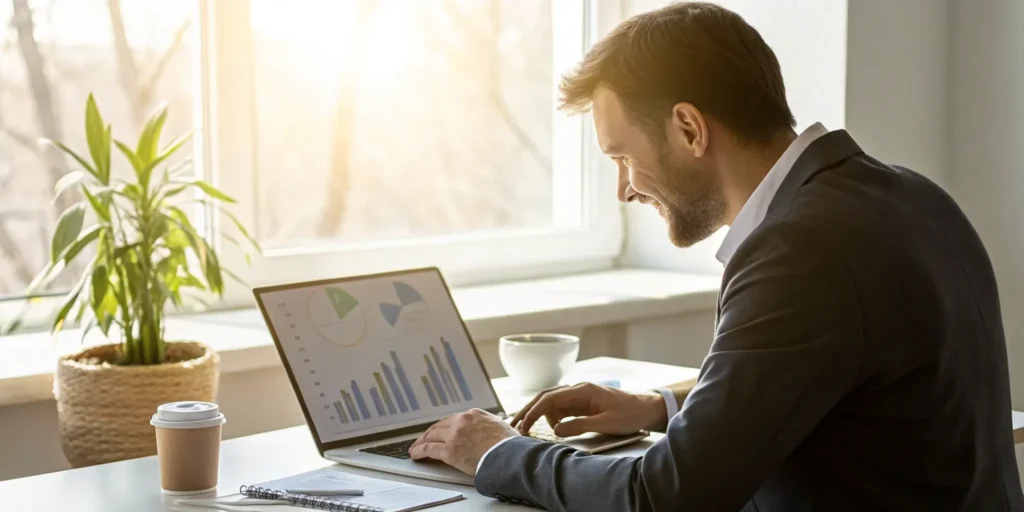 A professional building business credit by analyzing data on a laptop.