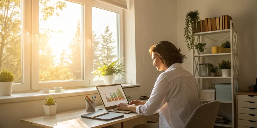 Woman using a laptop for self help credit repair and analyzing her financial reports at a desk.