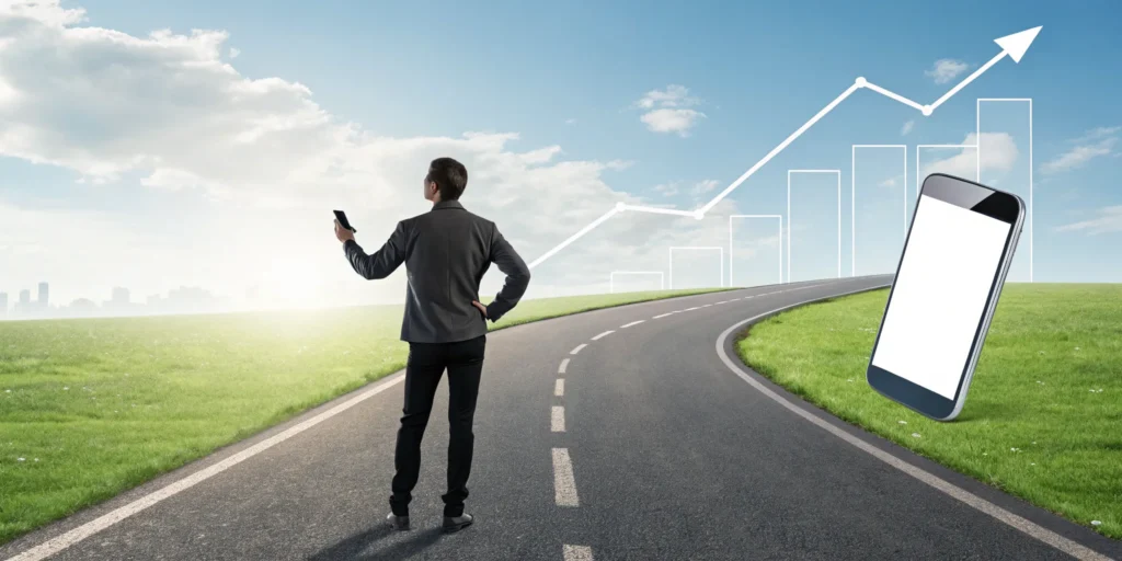 A man checking his self credit repair progress on a smartphone app with a graph showing his score increasing.