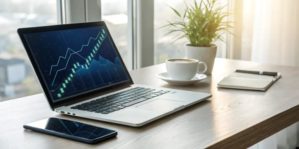 Laptop on a desk displaying a credit repair software dashboard with financial charts.