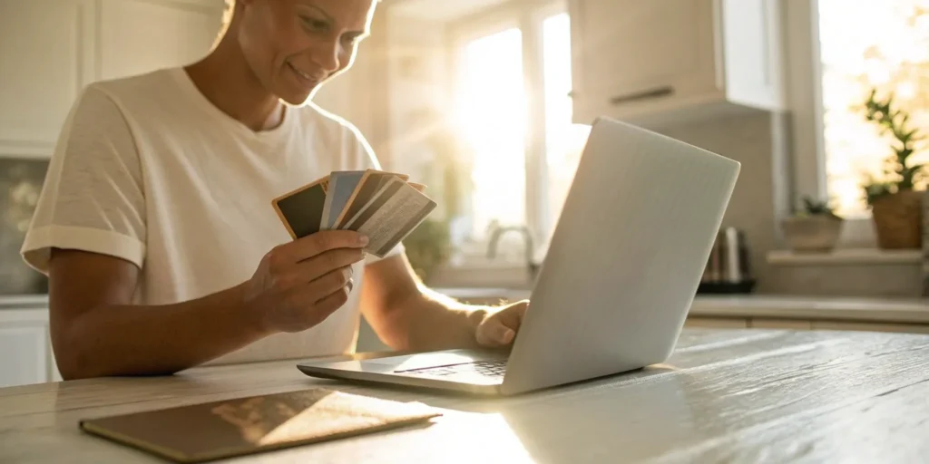 Person holding credit cards and using a laptop to research ways to rebuild credit.
