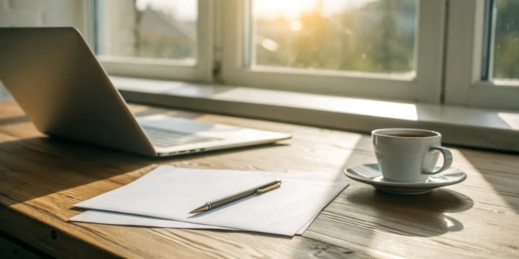 A laptop and notepad on a desk for writing a sample goodwill letter.