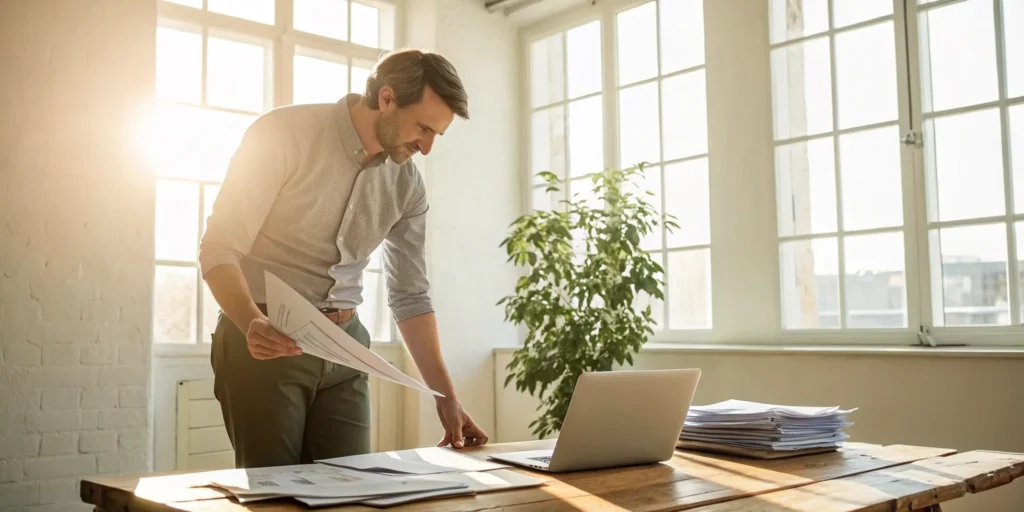 A business owner at a desk with a laptop learning how to establish business credit.