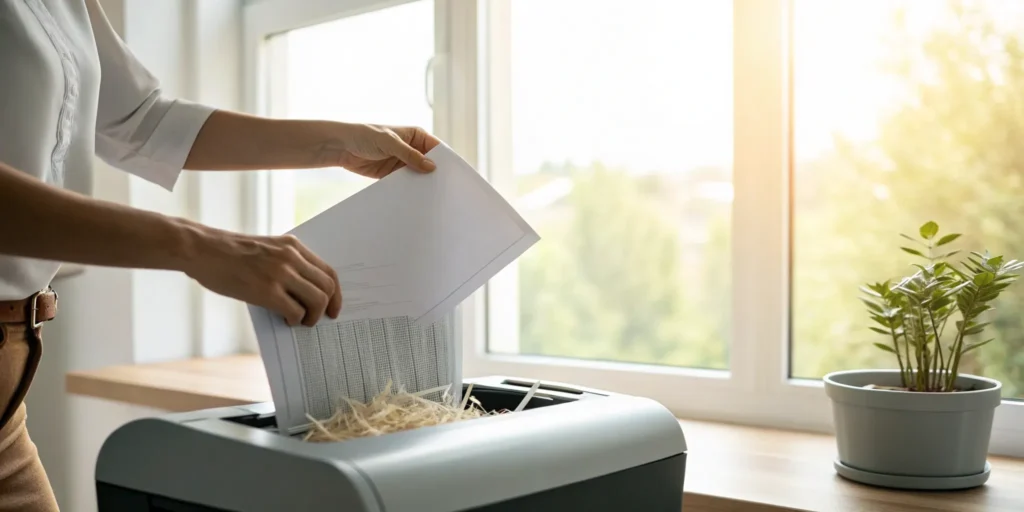 A person using a paper shredder to remove a late payment from a credit report.