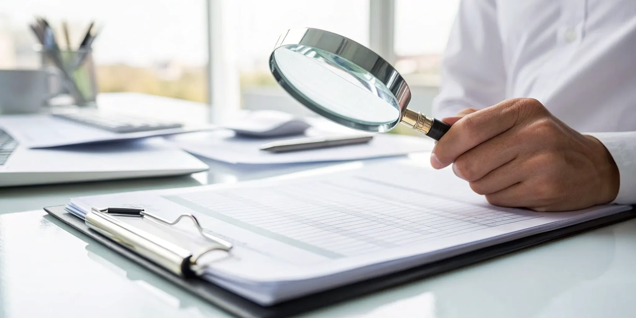 Person using a magnifying glass to find errors on a credit report for a TransUnion dispute.
