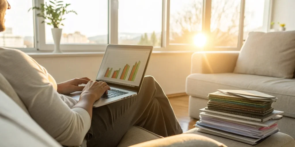 A person on a laptop seeing their credit score raise fast after taking simple steps.