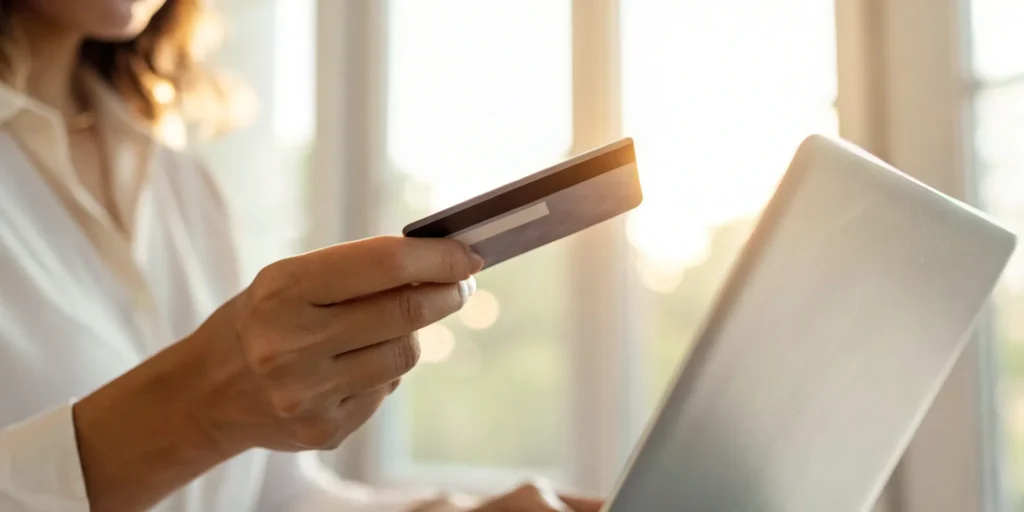 Person at a laptop holding a credit card, selecting a no annual fee card for rebuilding credit.