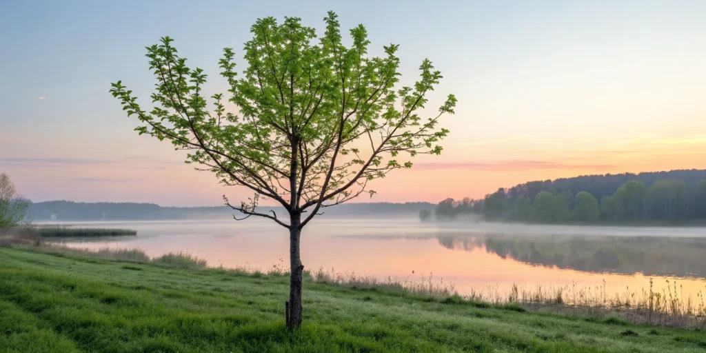 A tree with new leaves at sunrise, a hopeful start to rebuild credit after bankruptcy.