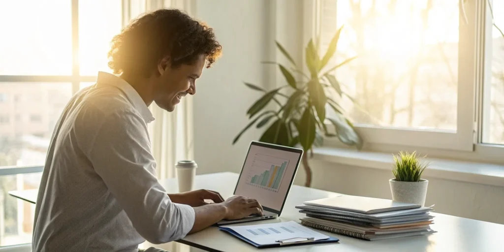 Man using a laptop to check and improve his credit score in 30 days.