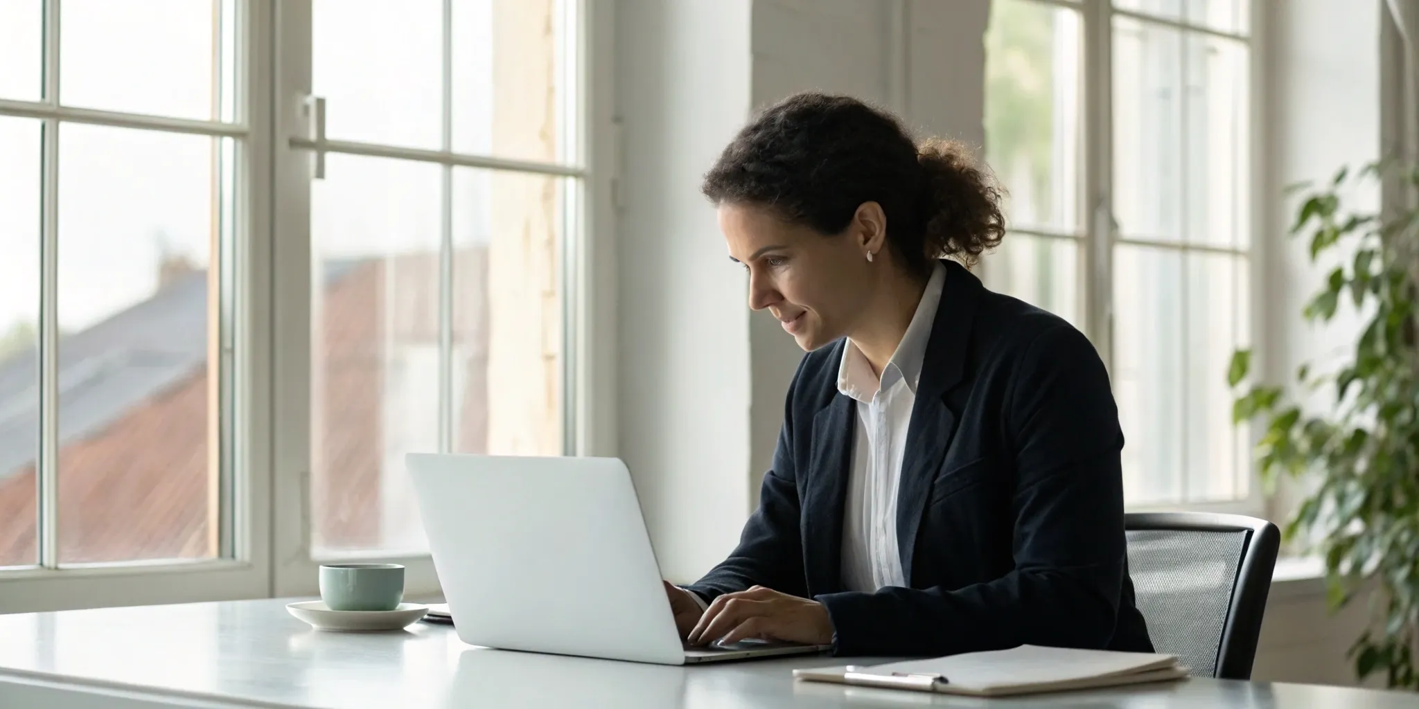 Woman using a laptop to file a dispute on her Experian credit report.