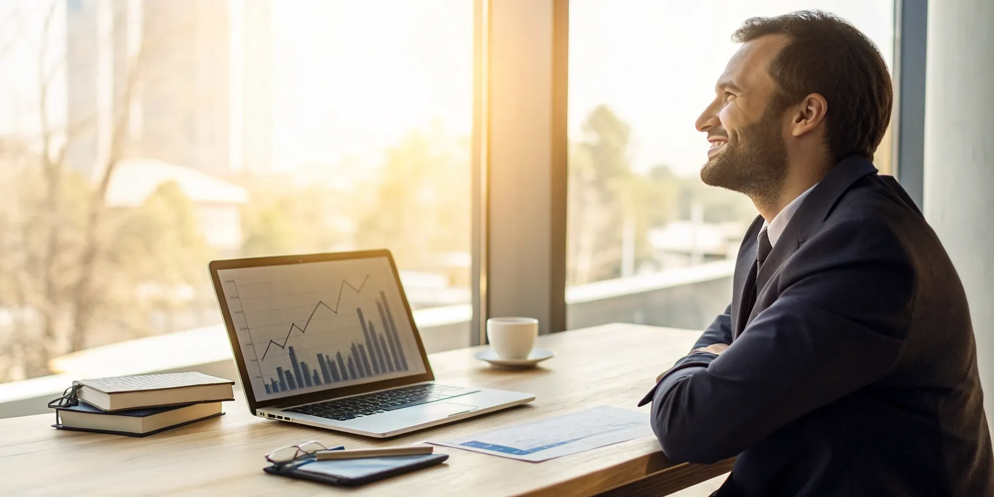 LLC owner establishing business credit and viewing positive growth charts on a laptop.