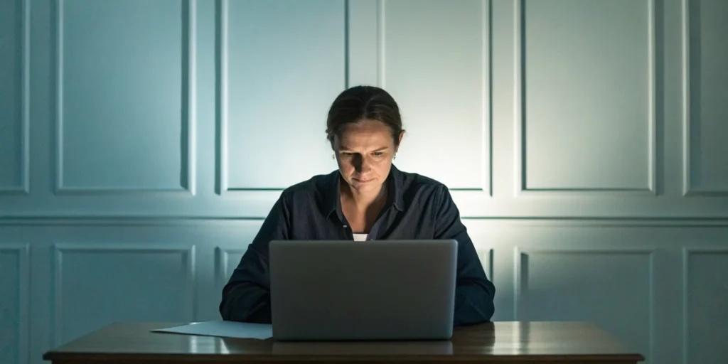Woman focused on a laptop, filing an Experian dispute online.