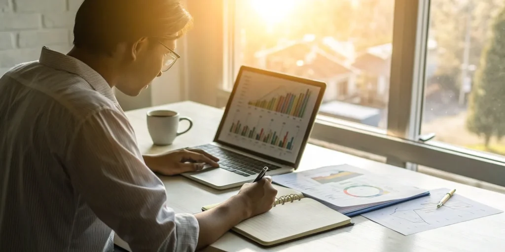 A person researches how to improve a credit score without a credit card while looking at charts on a laptop.