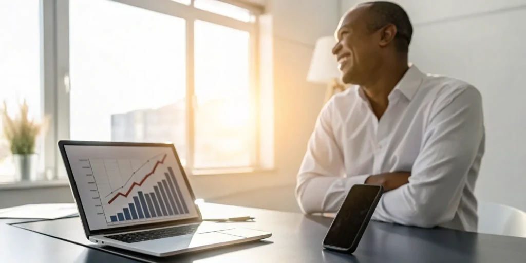 Man at his desk smiles at a rising credit score chart on his laptop, a result of his step-by-step DIY credit repair.