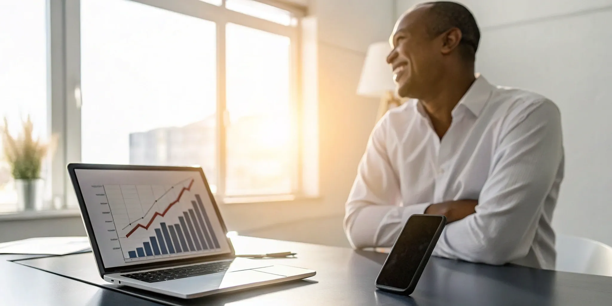 Man at his desk smiles at a rising credit score chart on his laptop, a result of his step-by-step DIY credit repair.