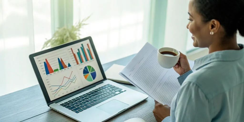 Woman reviewing charts on a laptop to understand what affects your credit score.