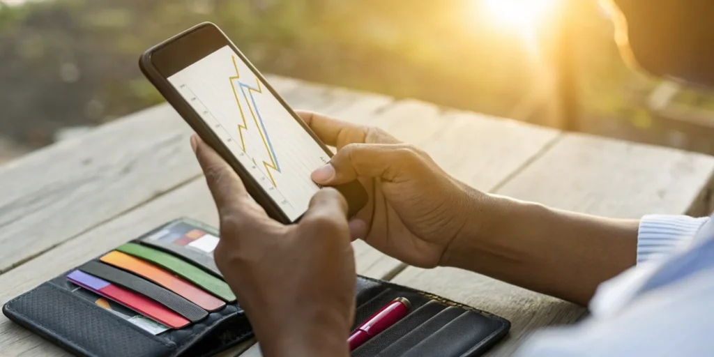 A person reviews their credit utilization ratio on a phone, with credit cards on the table.
