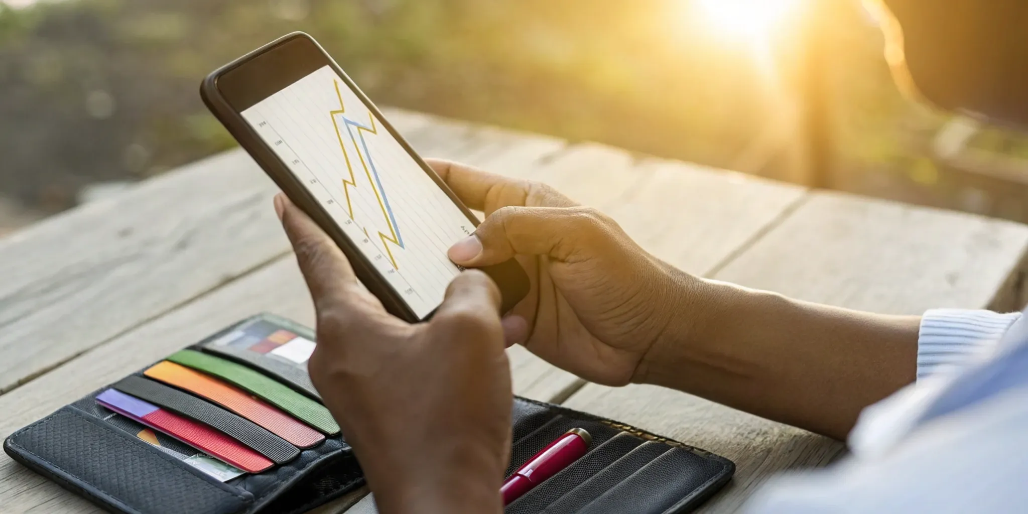 A person reviews their credit utilization ratio on a phone, with credit cards on the table.