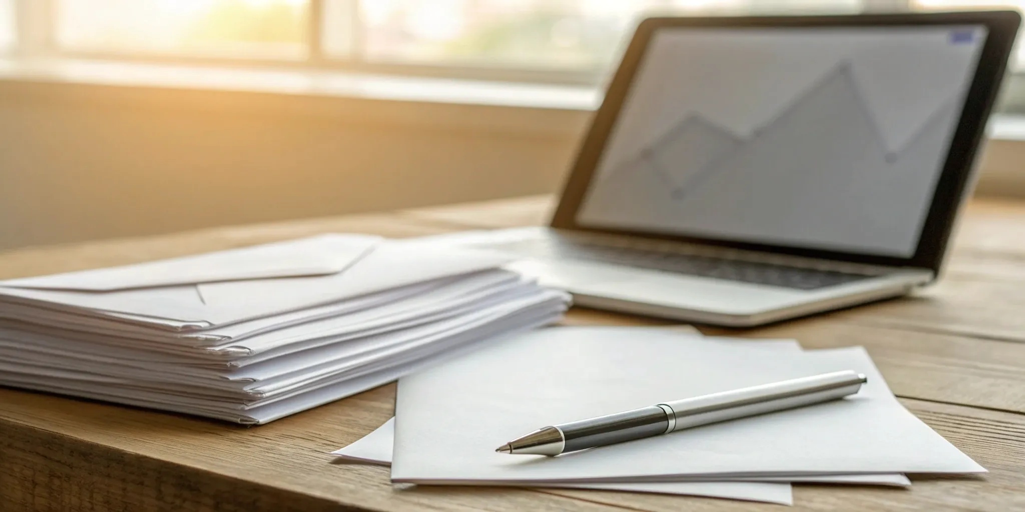A laptop displaying a 609 dispute letter sample, with a pen, paper, and envelopes nearby.