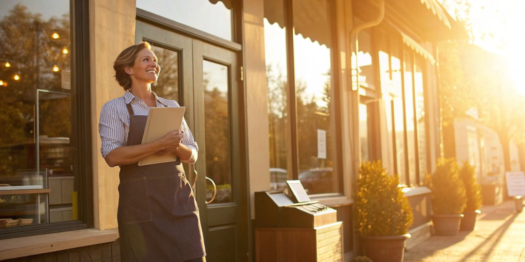 Small business owner outside their shop considering different loan options for growth.