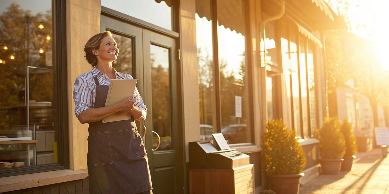 Small business owner outside their shop considering different loan options for growth.