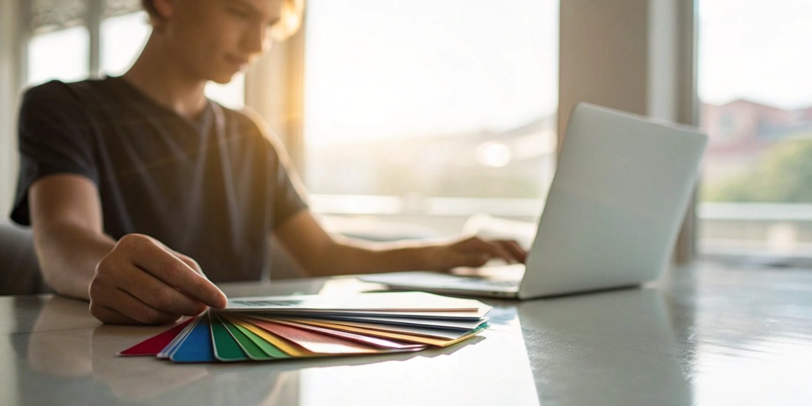 A person researches on a laptop, choosing from several credit cards to build credit.