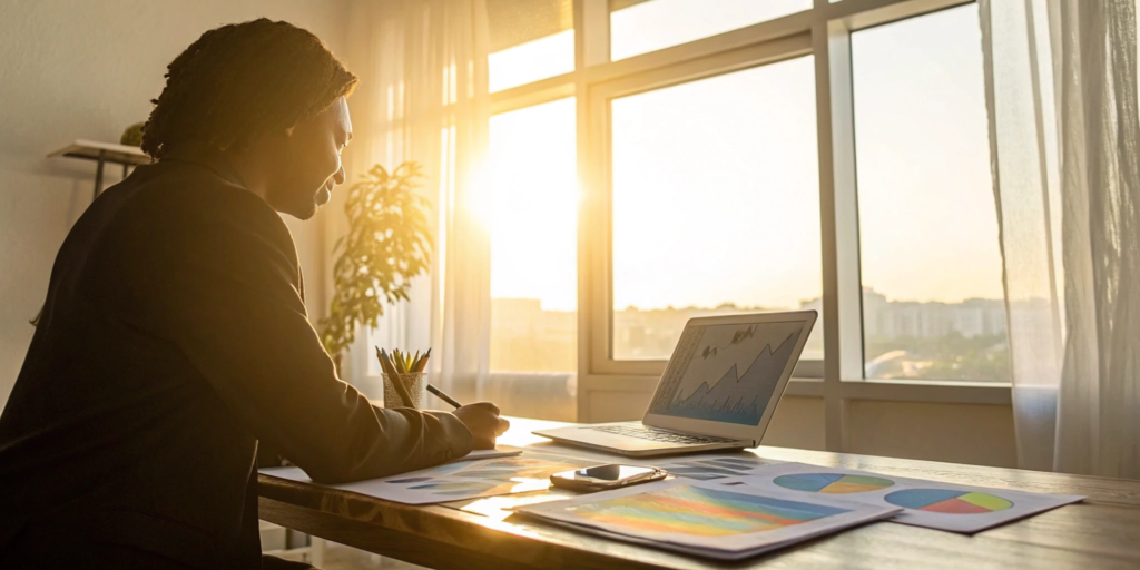 A person at a desk using a laptop and charts to build credit from scratch.