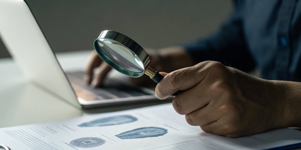 A person using a magnifying glass to handle an identity theft dispute.