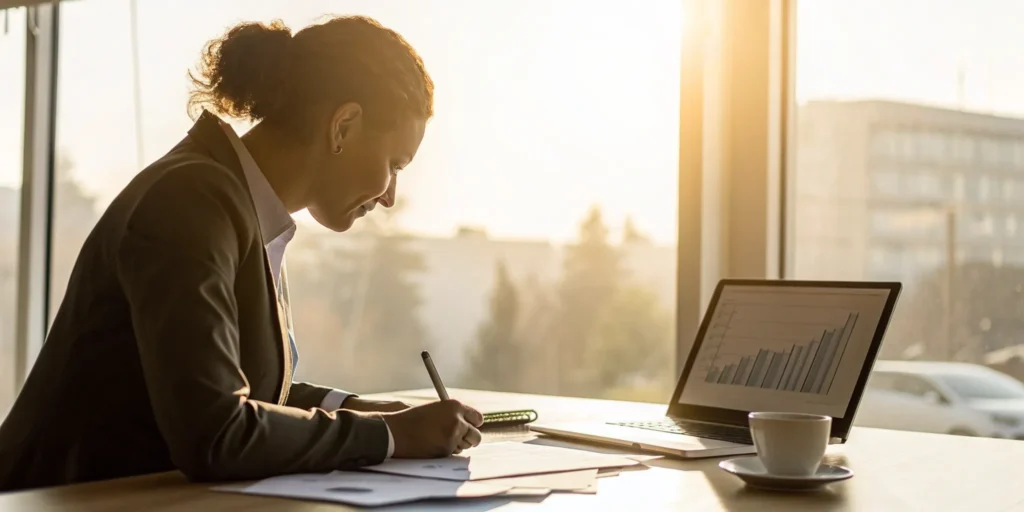 A woman writing a medical bill dispute letter while reviewing her documents.