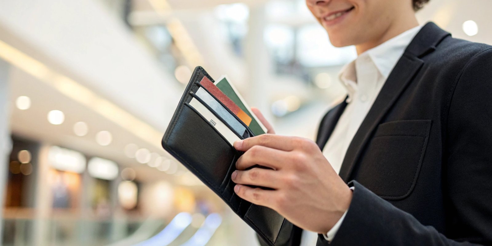 A shopper holding a wallet with several easy approval store cards.