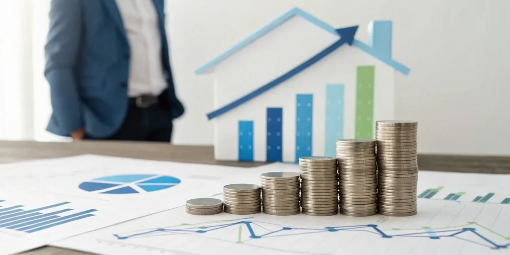 A house model and coins on a financial chart, a goal achieved by building good credit habits.